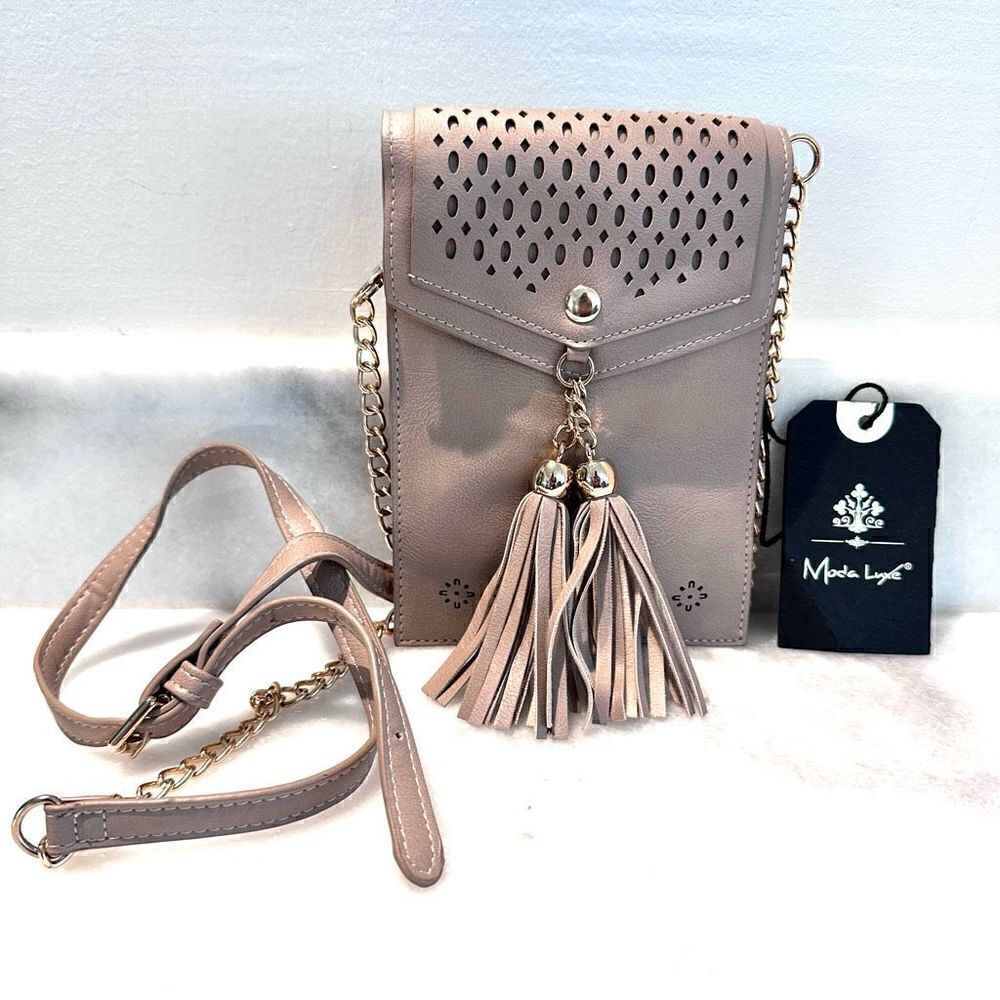 NWT Moda Luxe Adjustable Strap Vegan Leather Bellamy Crossbody Bag Taupe Small